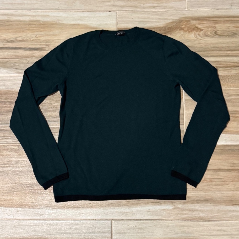 Theory Womens Forest Green 100% Wool Crew Neck Sweater Black Trim Size L